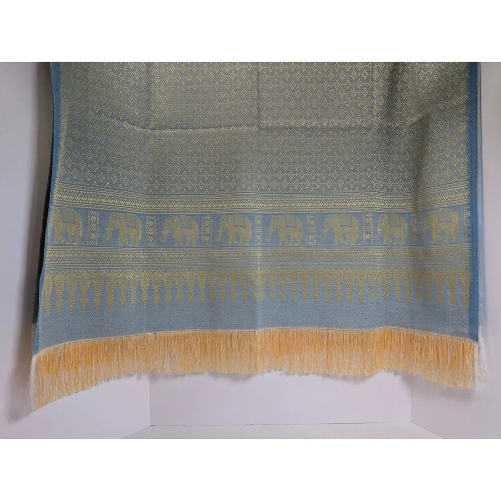 Handmade Thai Golden Elephant Blue & Gold Rectangle Tablecloth Fringe 40x78